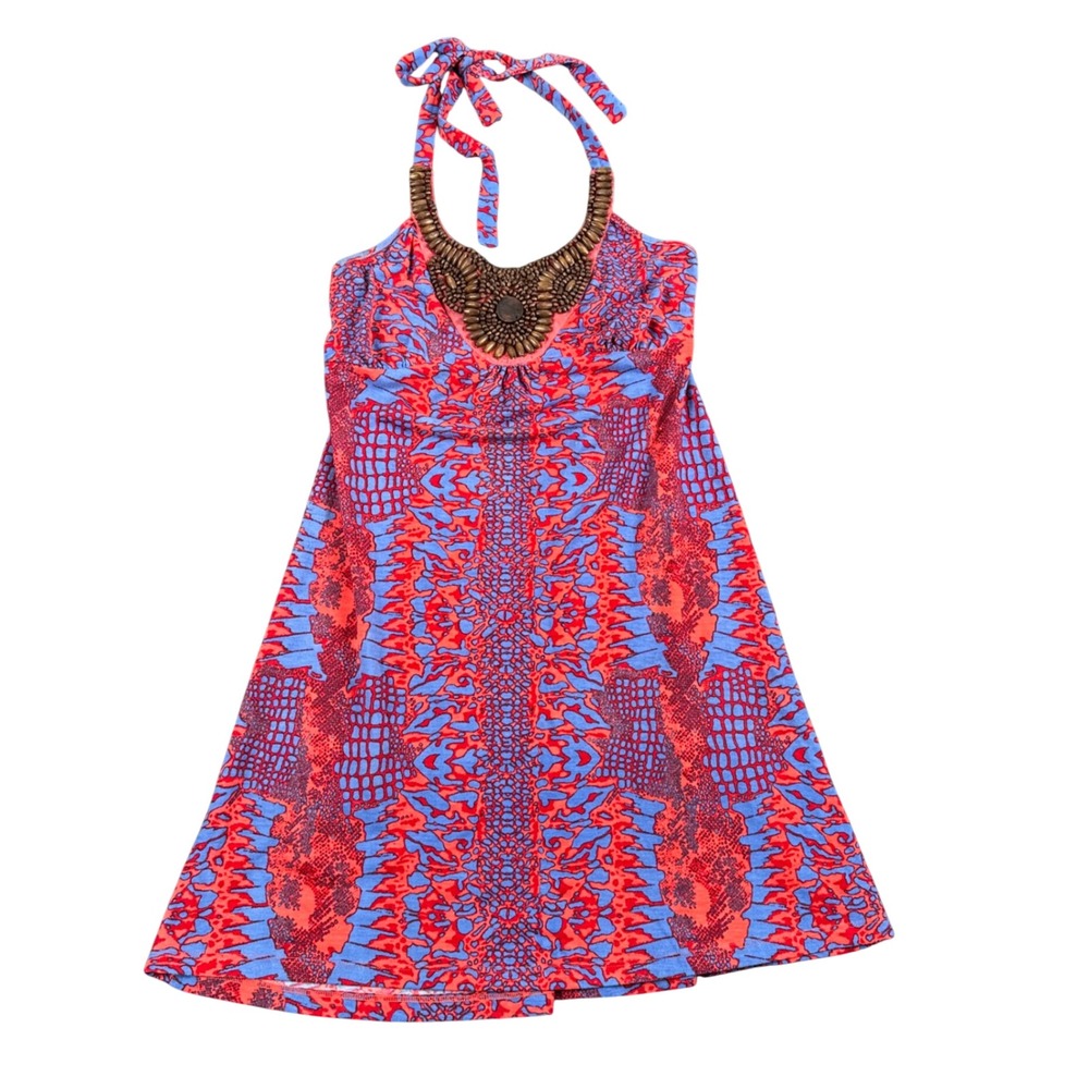 Derek Heart Y2K Halter Dress Beaded Neck Tropical Animal Bodycon Mini S 870‎